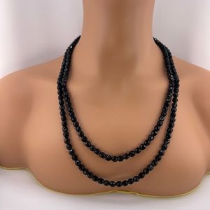 Vintage Black Glass Crystal Bead Long Necklace